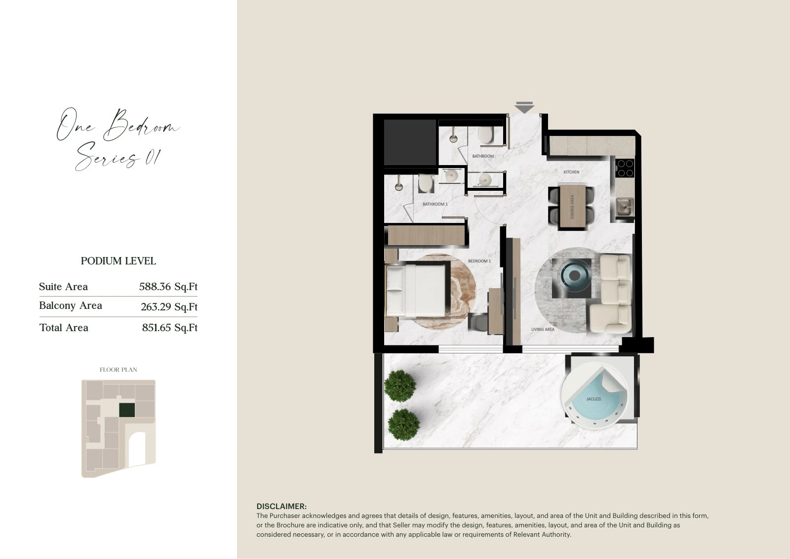 Aark Terraces 1-bedroom Series 01 with Jacuzzi - Podium apartment floor plan for Podium Level, 851.65 sq ft