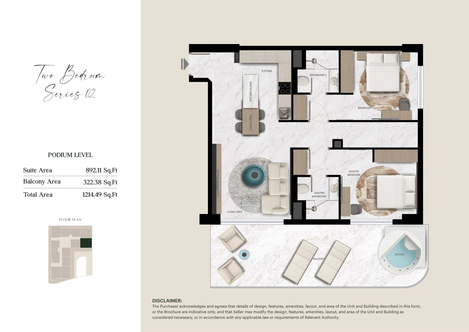 Aark Terraces 2-bedroom Series 02 with Jacuzzi - Podium apartment floor plan for Podium Level, 1,214.49 sq ft