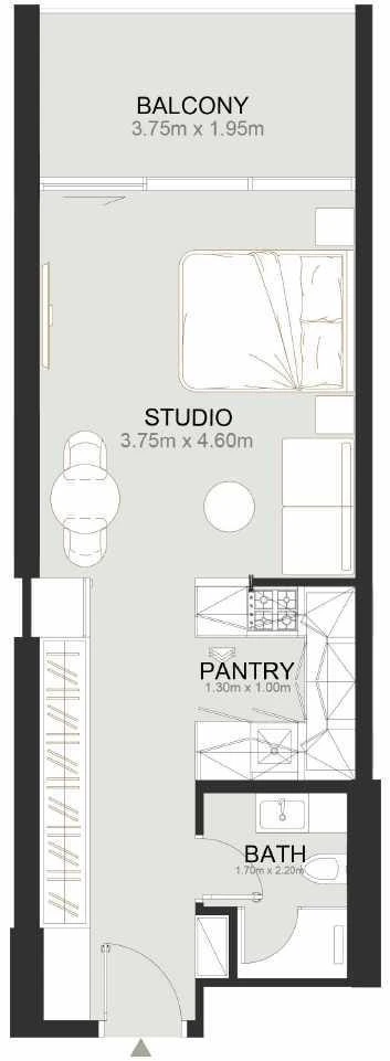 Ashley Hills studio Signature apartment floor plan in Block A (North), 507 to 606 sq ft
