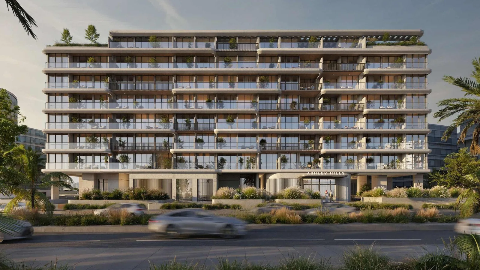 Street-facing exterior of Ashley Hills with landscaped frontage and private balconies