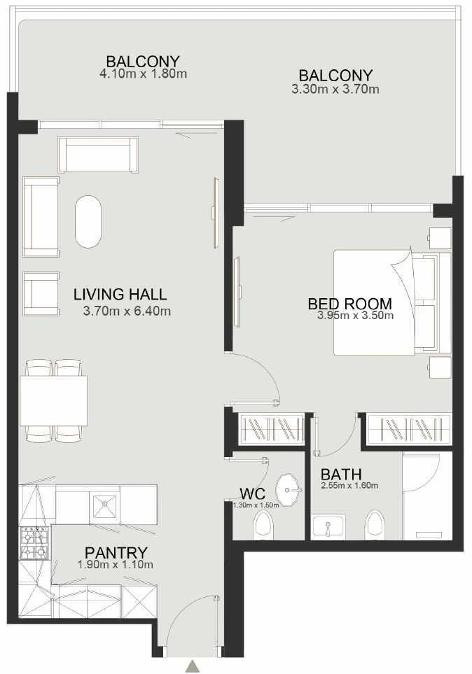 Ashley Hills 1-bedroom Contemporary apartment layout 2 floor plan in Block A (North), 792 to 902 sq ft