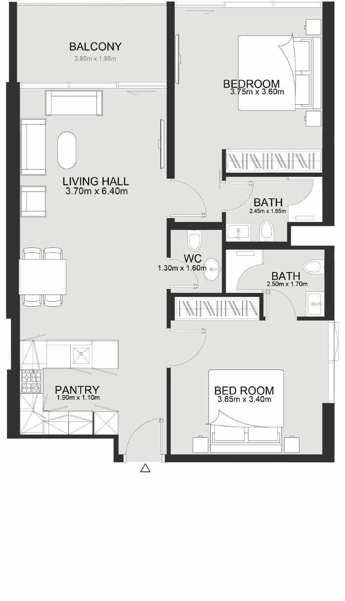 Ashley Hills 2-bedroom Contemporary apartment floor plan in Block B (South), 976 to 1,146 sq ft