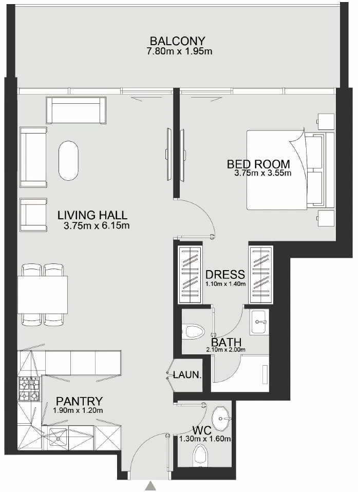 Ashley Hills 1-bedroom Contemporary apartment layout 1 floor plan in Block A (North), 792 to 902 sq ft