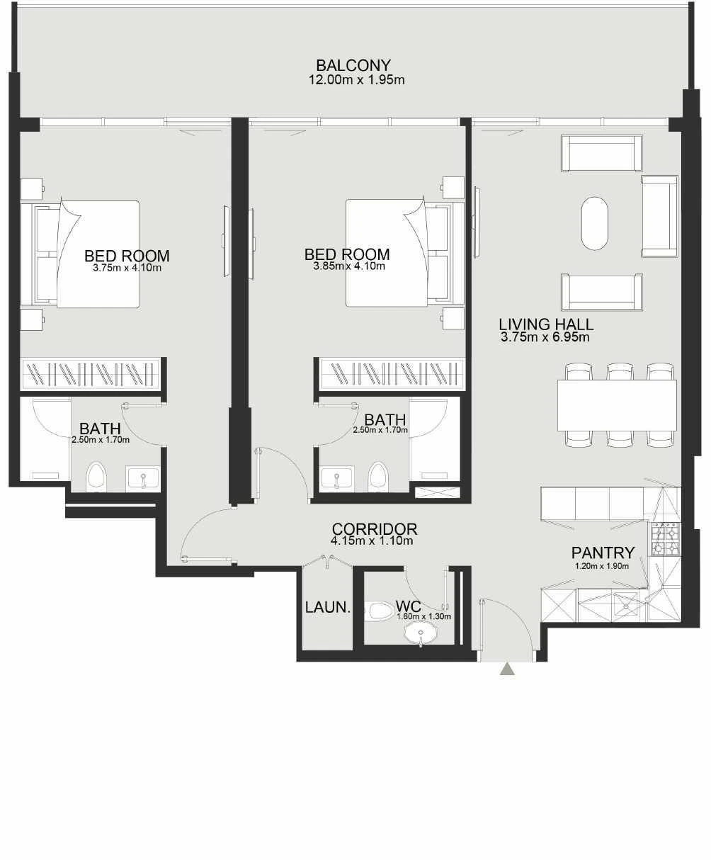 Ashley Hills 2-bedroom Executive apartment floor plan in Block A (North), 1,246 to 1,354 sq ft