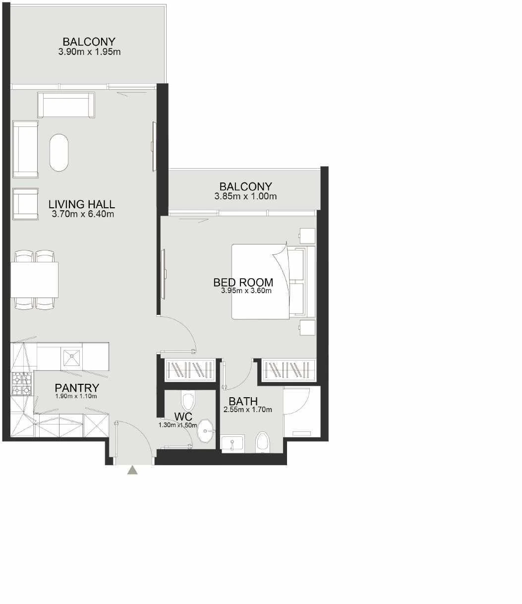 Ashley Hills 1-bedroom Contemporary apartment layout 3 floor plan in Block A (North), 792 to 902 sq ft