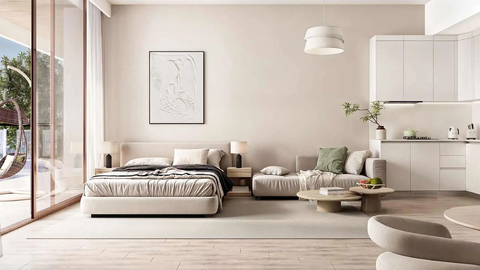 Open-plan studio interior at Ashley Hills with sleeping, living and kitchen areas
