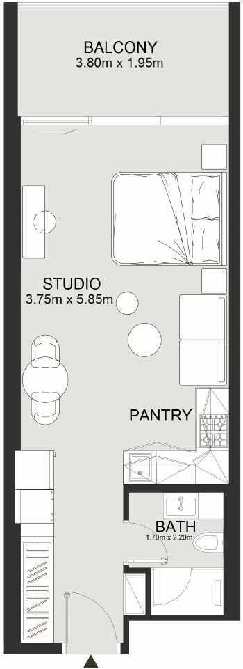 Ashley Hills studio Deluxe apartment floor plan in Block A (North), 482 to 573 sq ft