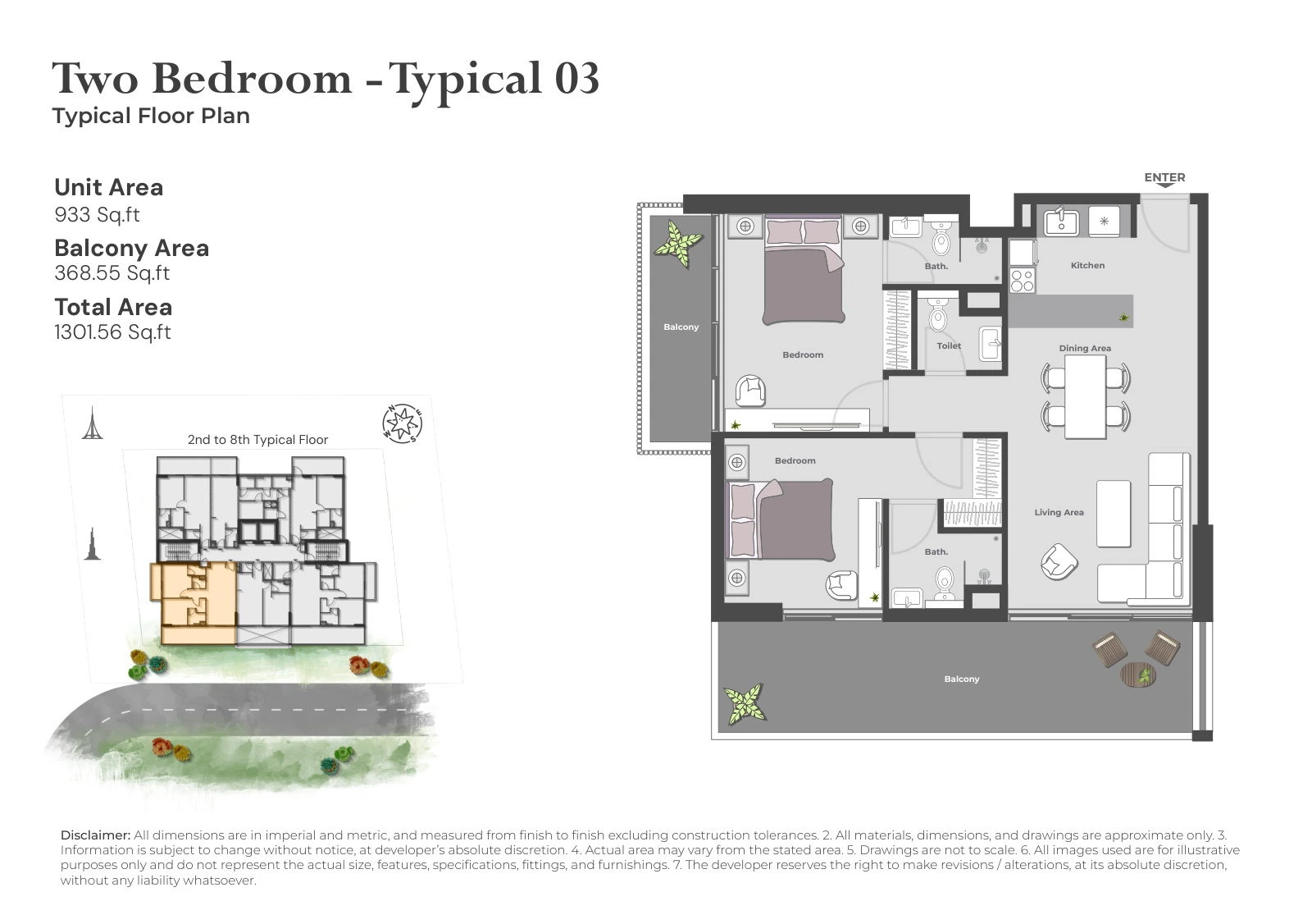 Arib Collection 2-bedroom Typical 03 apartment floor plan for the 2nd to 8th Typical Floors, 1,301.56 sq ft