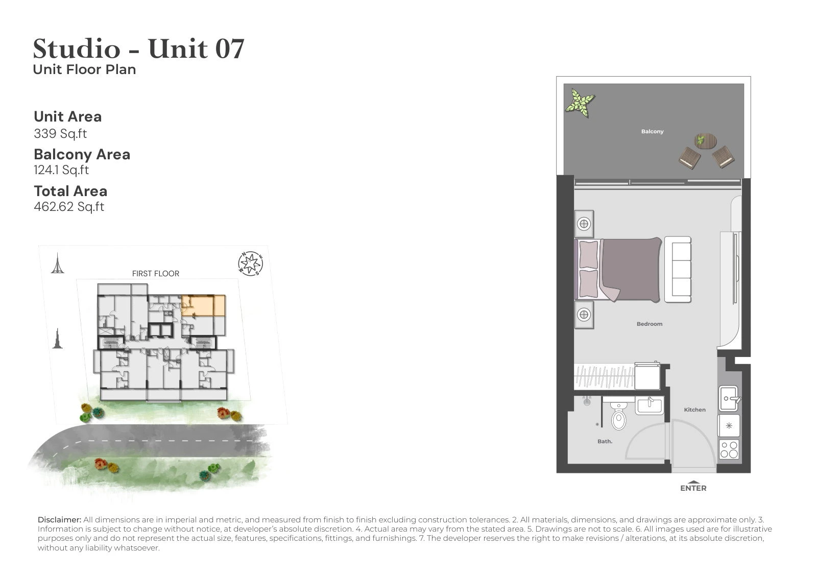 Arib Collection studio Unit 07 apartment floor plan for the First Floor, 462.62 sq ft