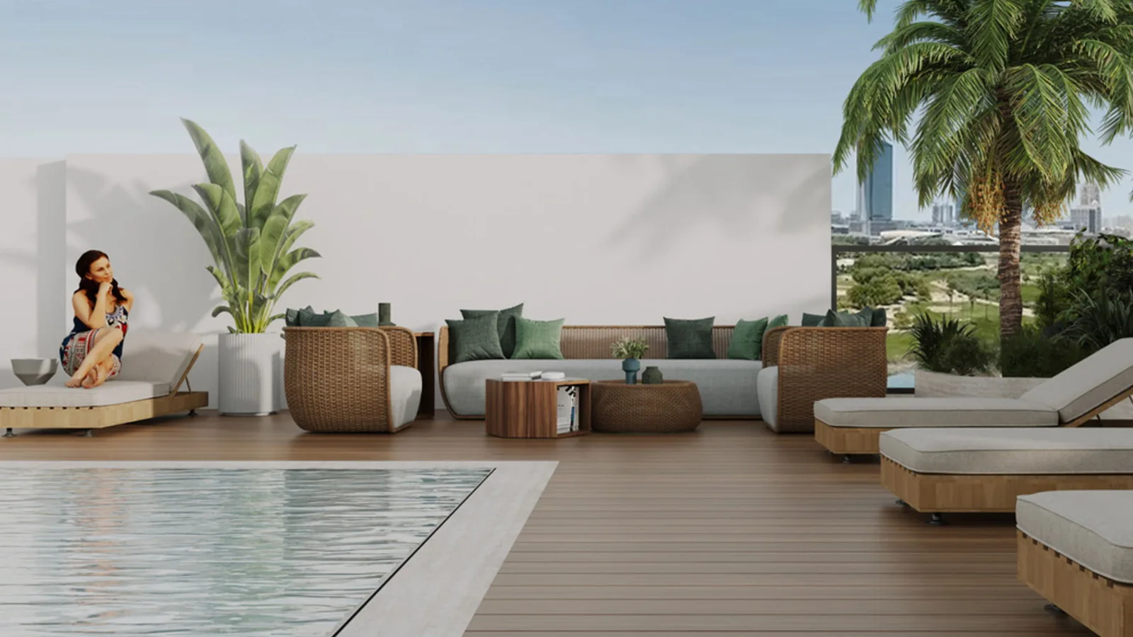 Arib Collection rooftop poolside lounge with deck seating, a palm tree and a skyline view.