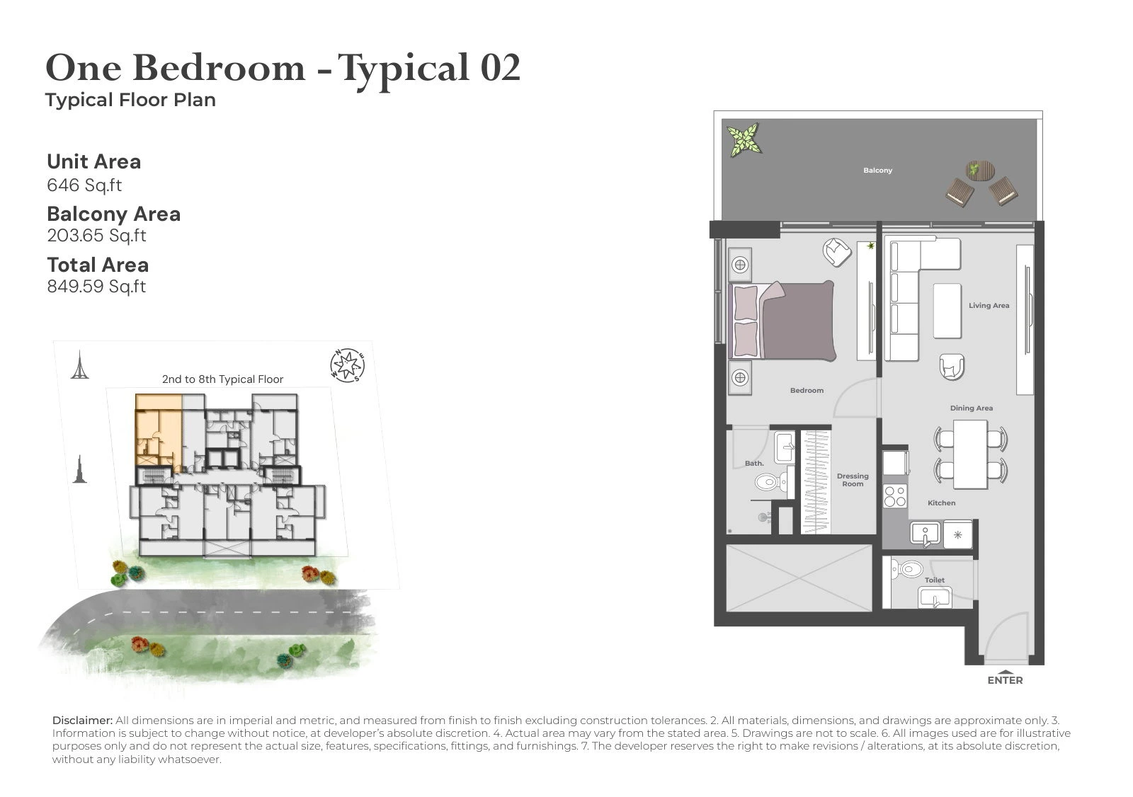 Arib Collection 1-bedroom Typical 02 apartment floor plan for the 2nd to 8th Typical Floors, 849.59 sq ft