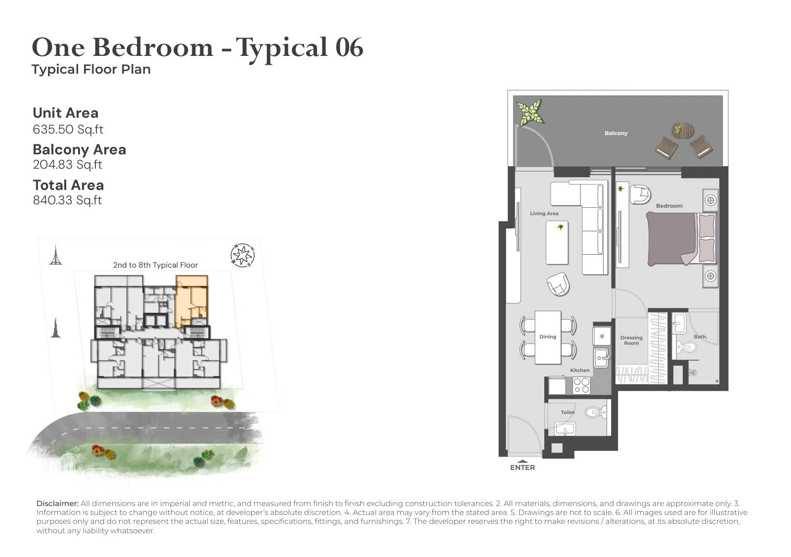 Arib Collection 1-bedroom Typical 06 apartment floor plan for the 2nd to 8th Typical Floors, 840.33 sq ft