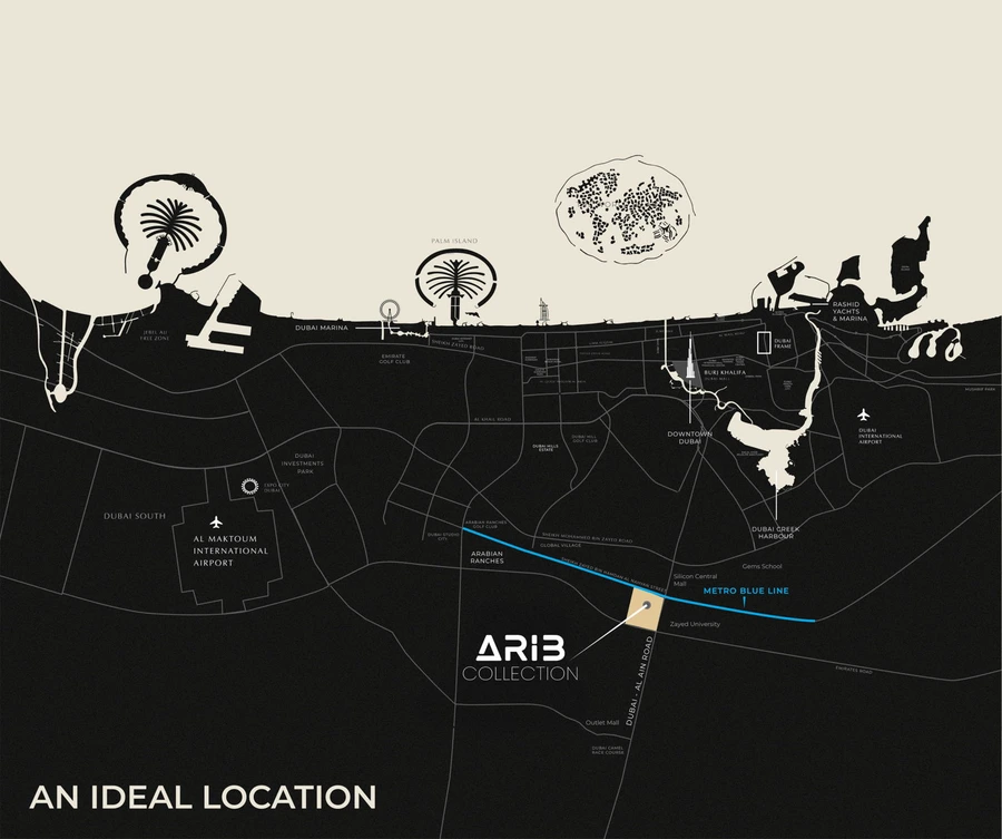 Arib Collection location map showing Dubai Land Residence Complex, Dubai-Al Ain Road and surrounding city landmarks.