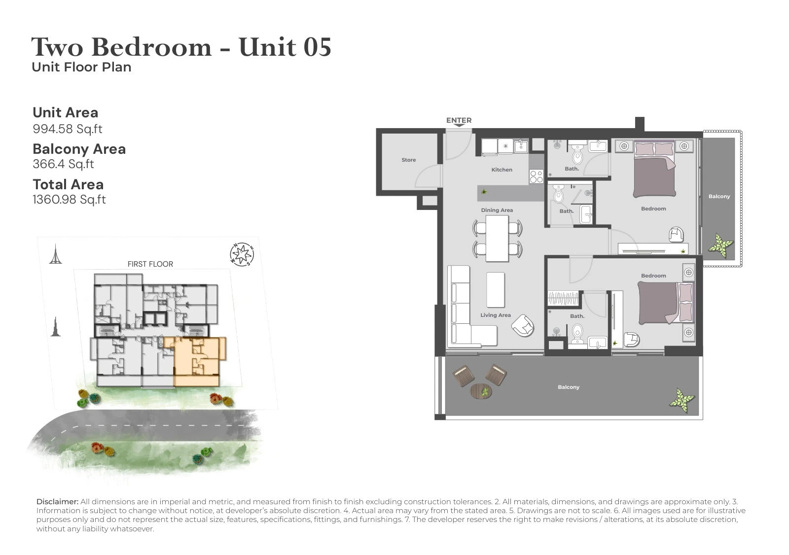 Arib Collection 2-bedroom Unit 05 apartment floor plan for the First Floor, 1,360.98 sq ft
