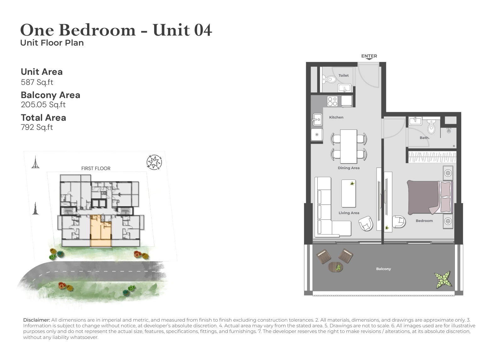 Arib Collection 1-bedroom Unit 04 apartment floor plan for the First Floor, 792 sq ft