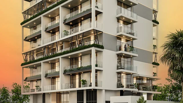 Street view of Arib Collection showing its residential facade, balconies and landscaped frontage.
