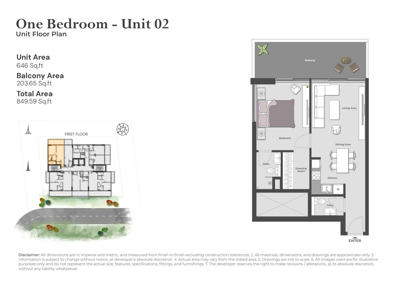 Arib Collection 1-bedroom Unit 02 apartment floor plan for the First Floor, 849.59 sq ft