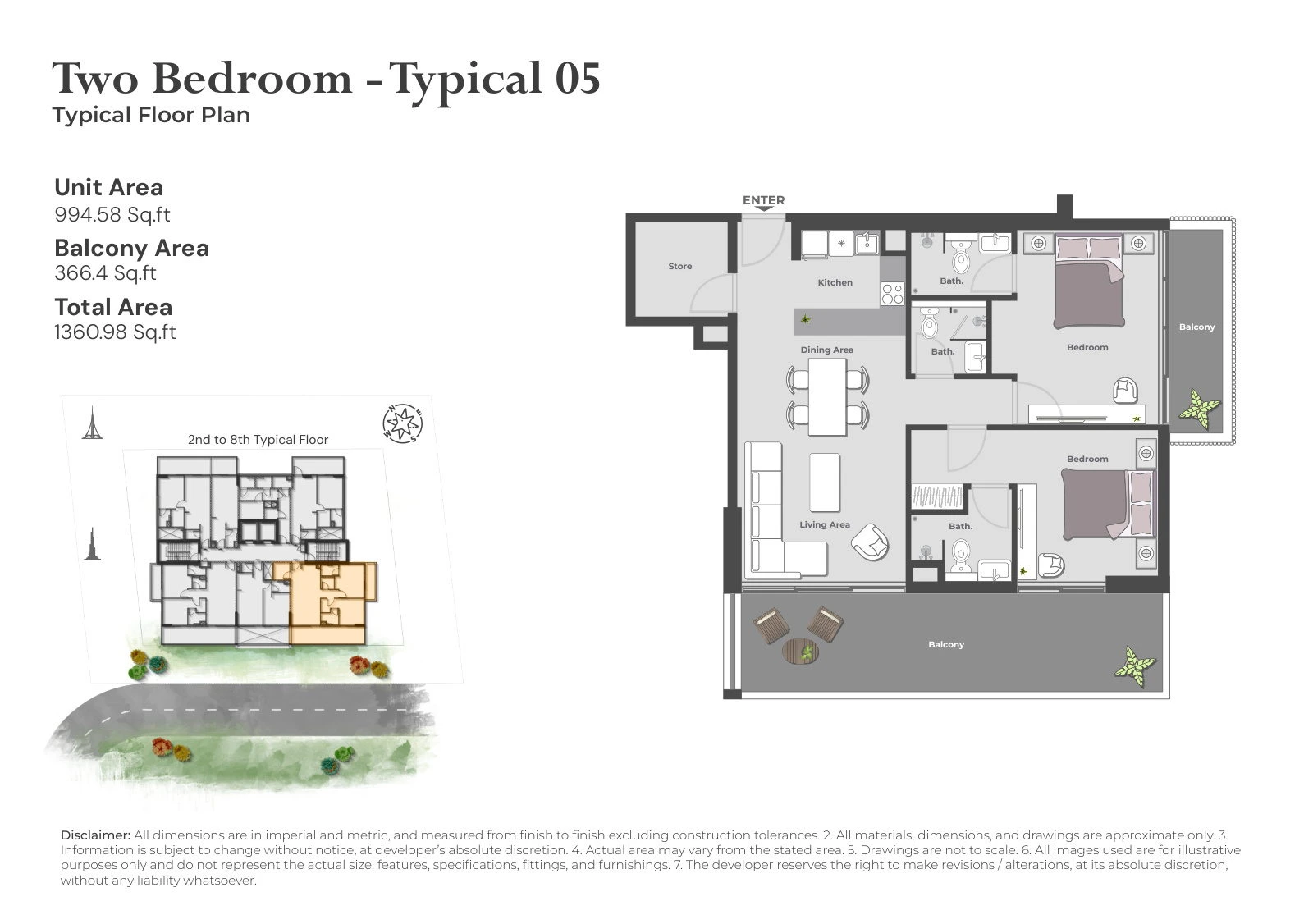 Arib Collection 2-bedroom Typical 05 apartment floor plan for the 2nd to 8th Typical Floors, 1,360.98 sq ft