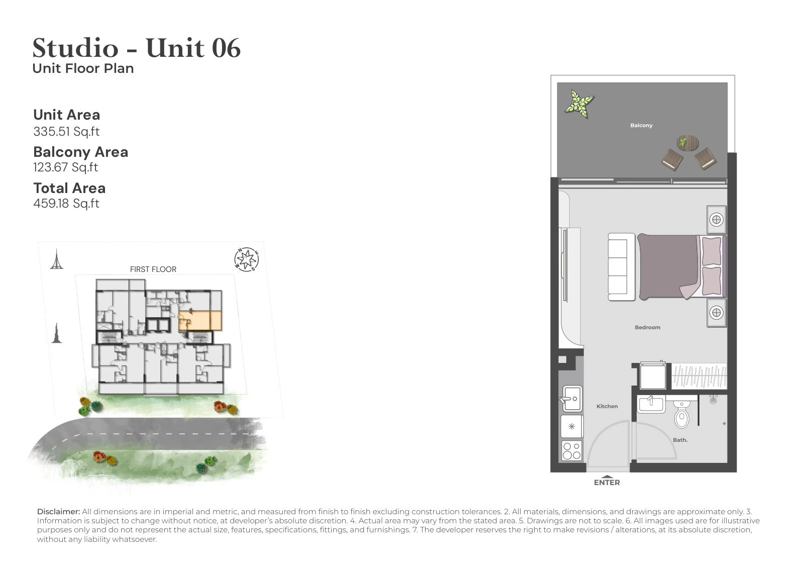 Arib Collection studio Unit 06 apartment floor plan for the First Floor, 459.18 sq ft