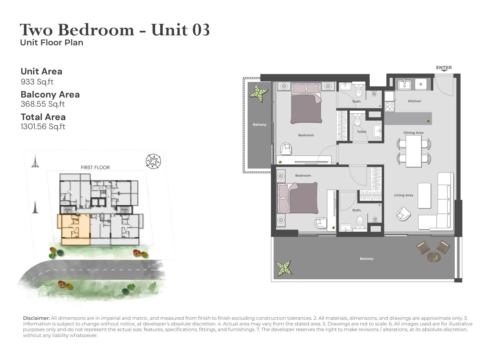 Arib Collection 2-bedroom Unit 03 apartment floor plan for the First Floor, 1,301.56 sq ft
