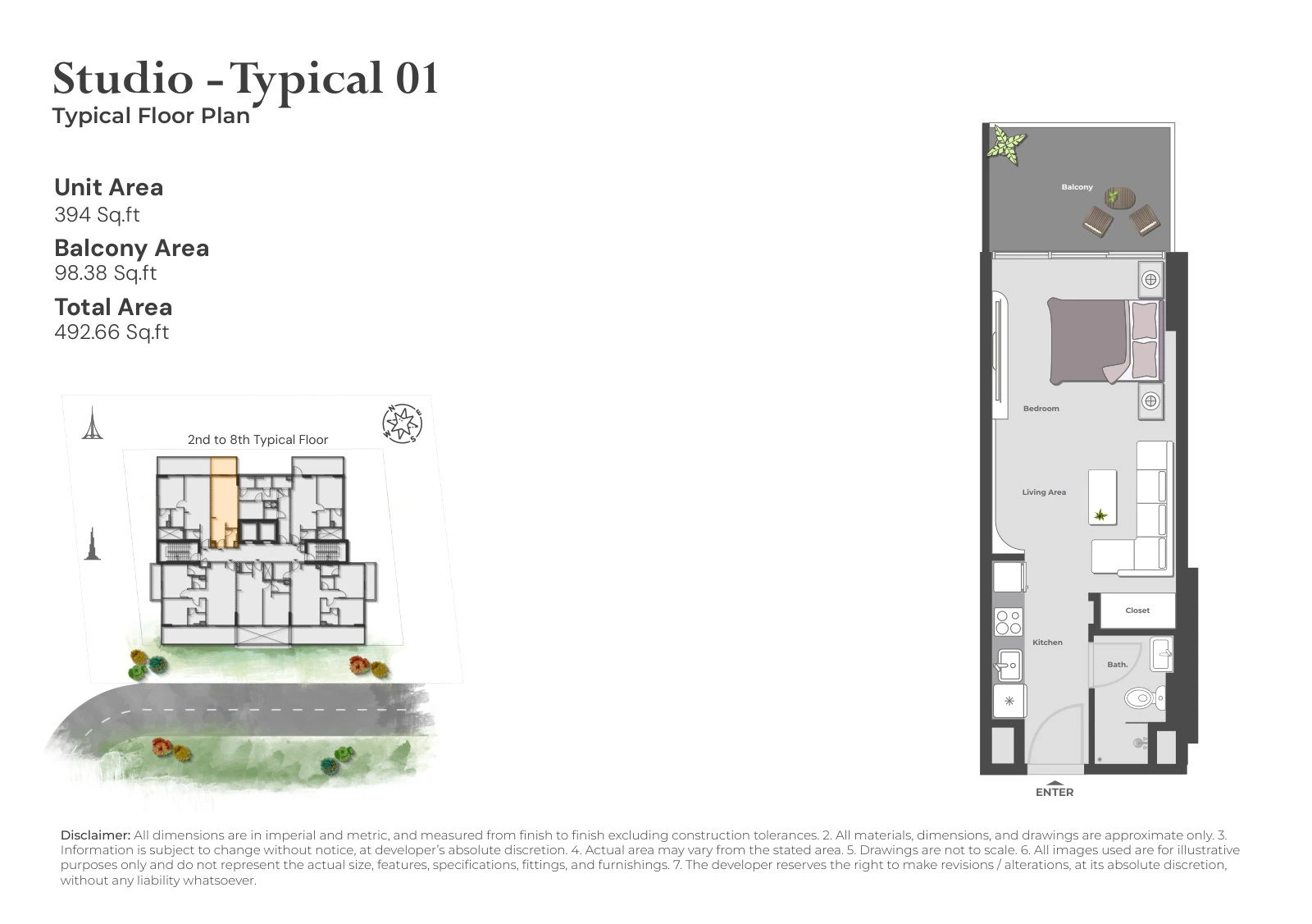 Arib Collection studio Typical 01 apartment floor plan for the 2nd to 8th Typical Floors, 492.66 sq ft