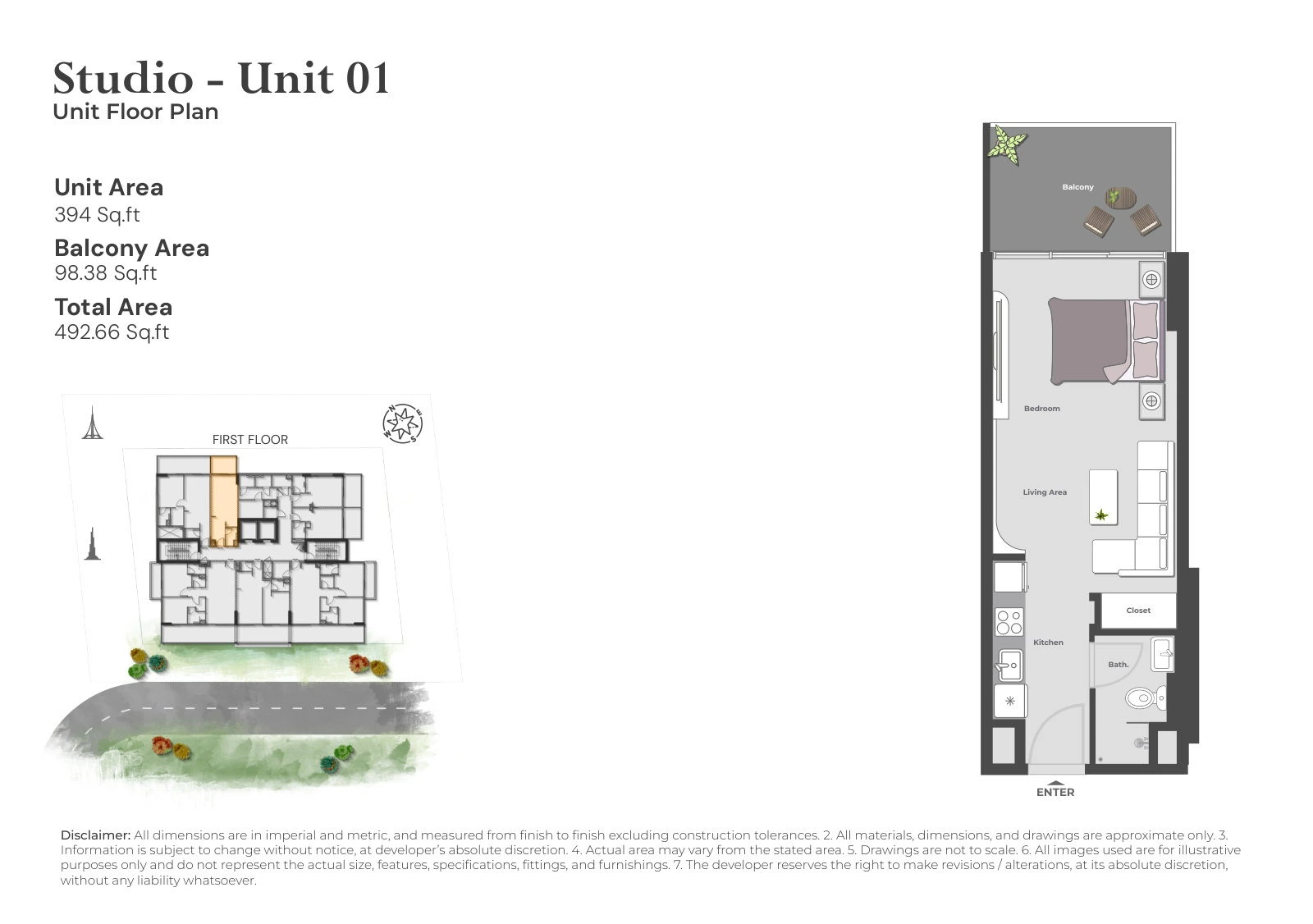 Arib Collection studio Unit 01 apartment floor plan for the First Floor, 492.66 sq ft