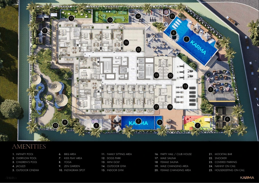 Antalya Residences podium amenity plan showing pools, gardens, play areas and the numbered facilities legend.