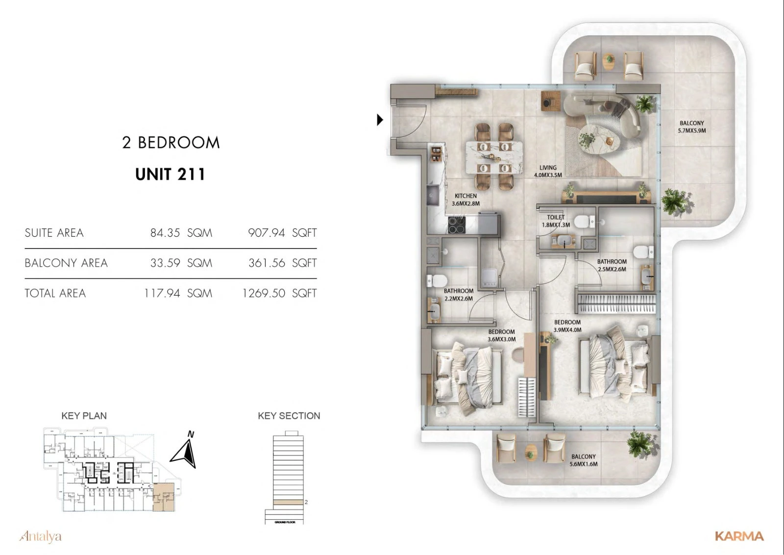 Antalya Residences 2-bedroom apartment Unit 211 floor plan, Second Floor, 1,269.50 sq ft.