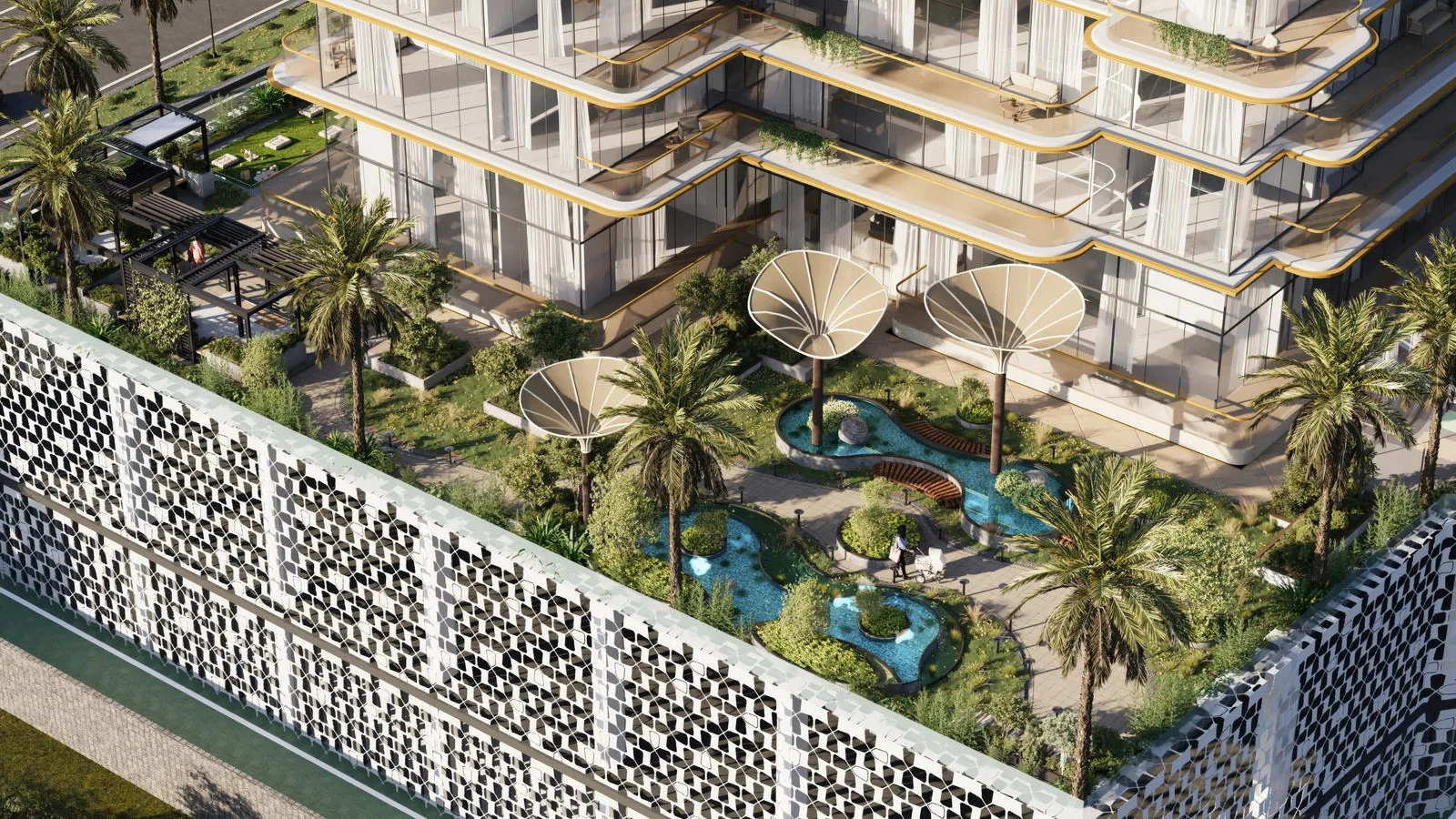 Antalya Residences landscaped podium garden with water features.