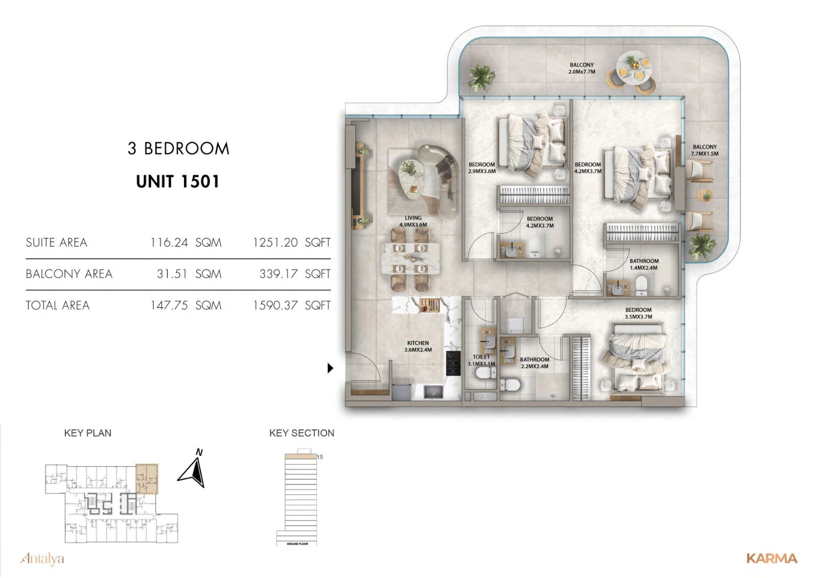 Antalya Residences 3-bedroom apartment Unit 1501 floor plan, Fifteenth Floor, 1,590.37 sq ft.