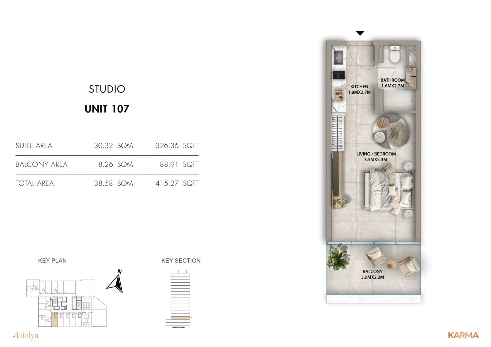 Antalya Residences studio apartment Unit 107 floor plan, First Floor, 415.27 sq ft.