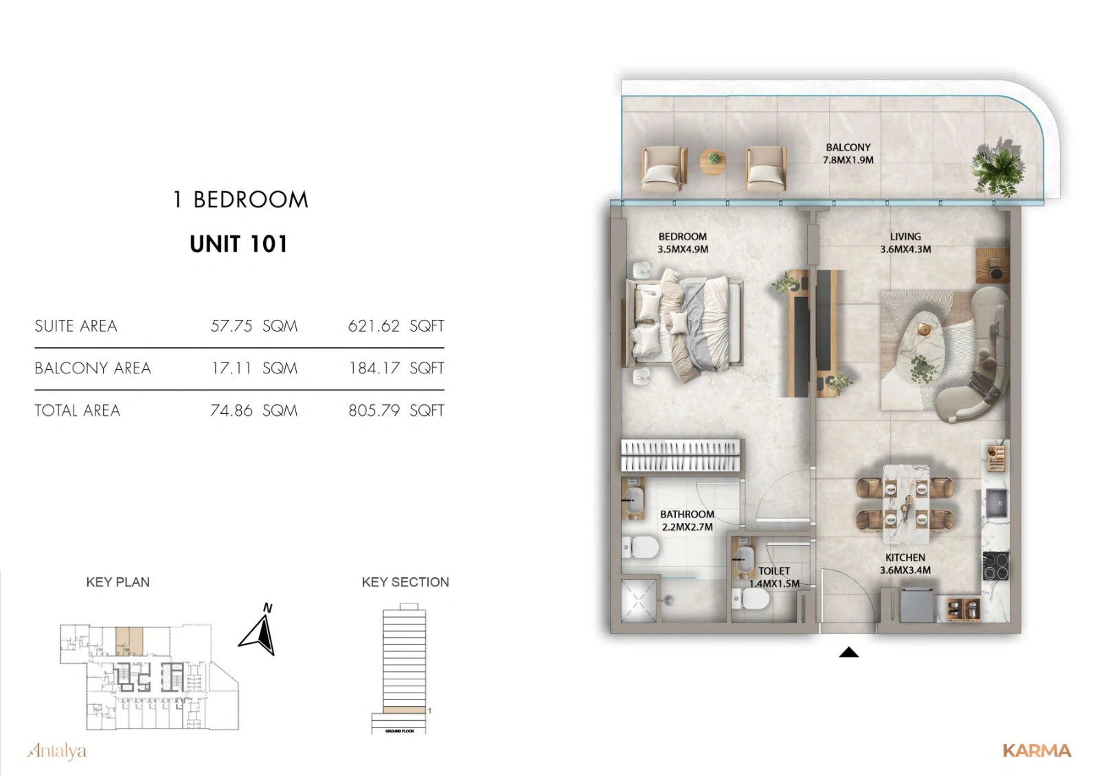 Antalya Residences 1-bedroom apartment Unit 101 floor plan, First Floor, 805.79 sq ft.