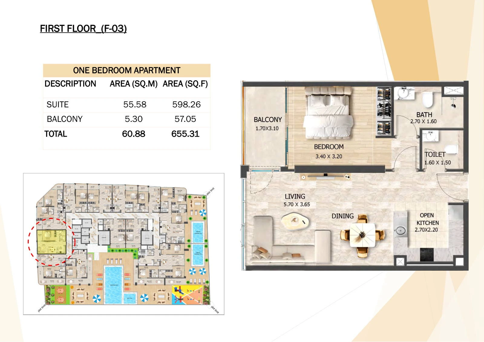 Crystal Tower 1-bedroom F-03 apartment floor plan, First Floor, 655.31 sq ft.
