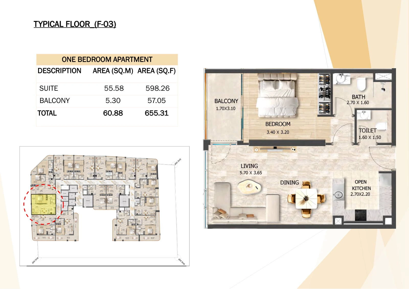 Crystal Tower 1-bedroom F-03 apartment floor plan, Typical Floors 2-7, 655.31 sq ft.