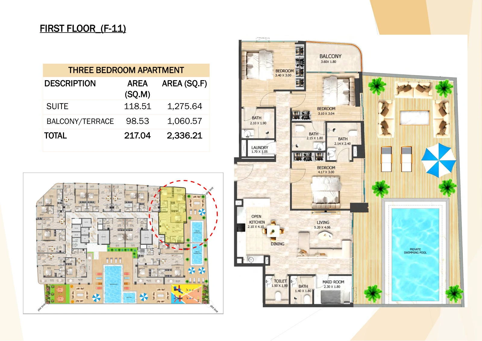 Crystal Tower 3-bedroom F-11 apartment floor plan, First Floor, 2,336.21 sq ft.