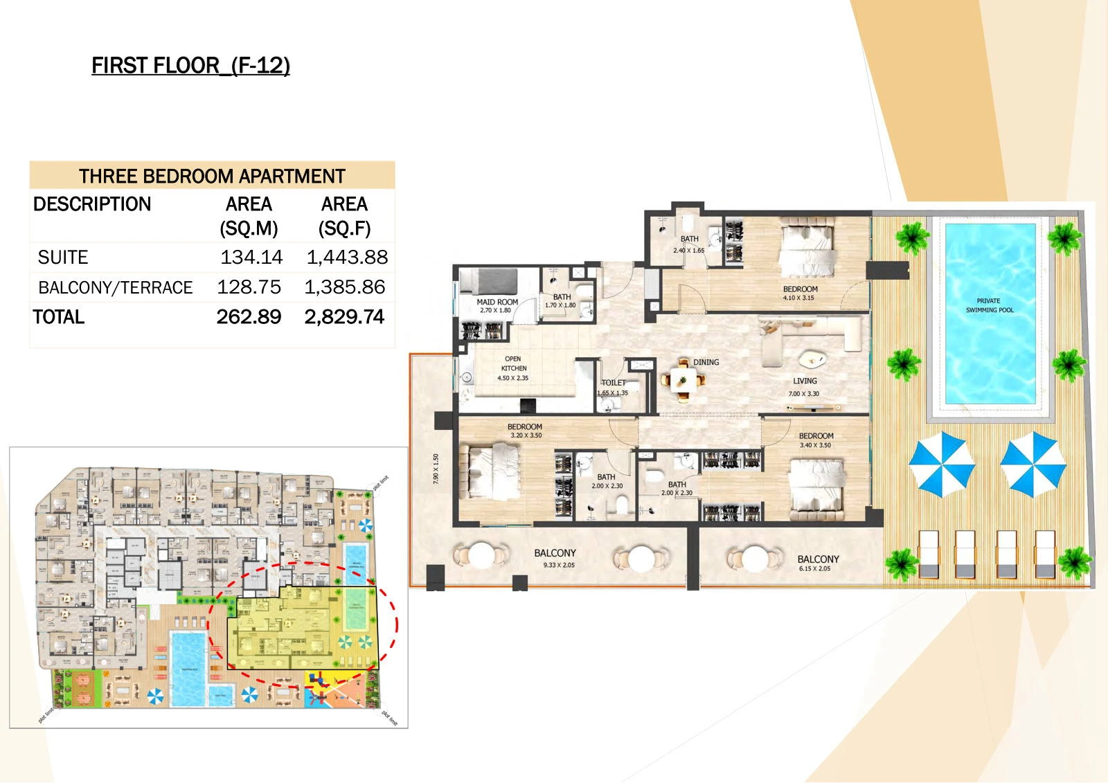 Crystal Tower 3-bedroom F-12 apartment floor plan, First Floor, 2,829.74 sq ft.