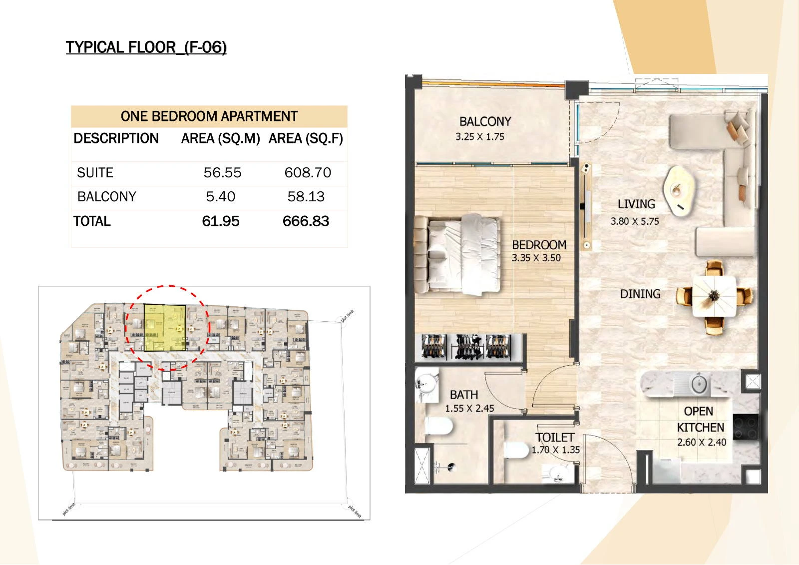 Crystal Tower 1-bedroom F-06 apartment floor plan, Typical Floors 2-7, 666.83 sq ft.