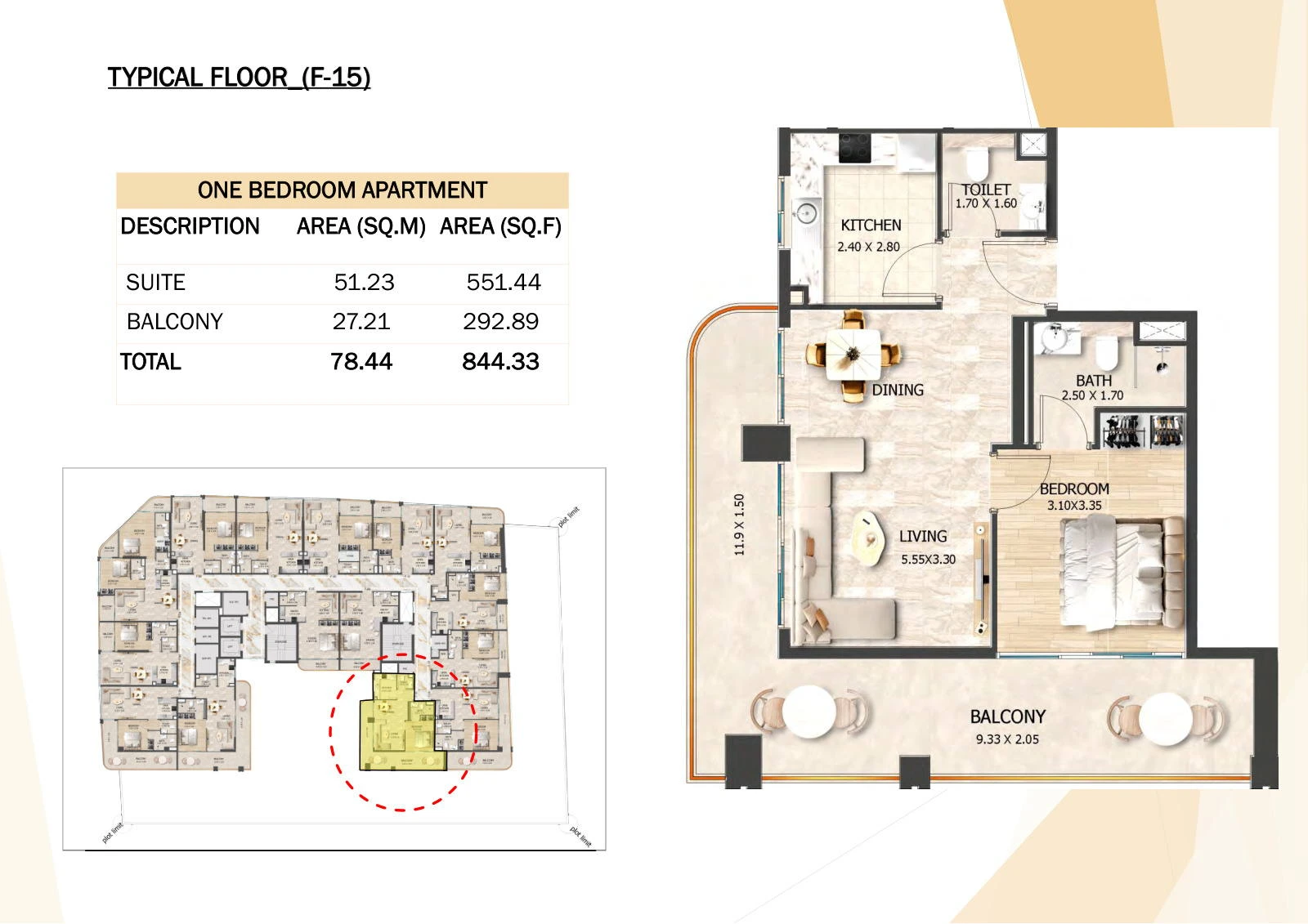 Crystal Tower 1-bedroom F-15 apartment floor plan, Typical Floors 2-7, 844.33 sq ft.