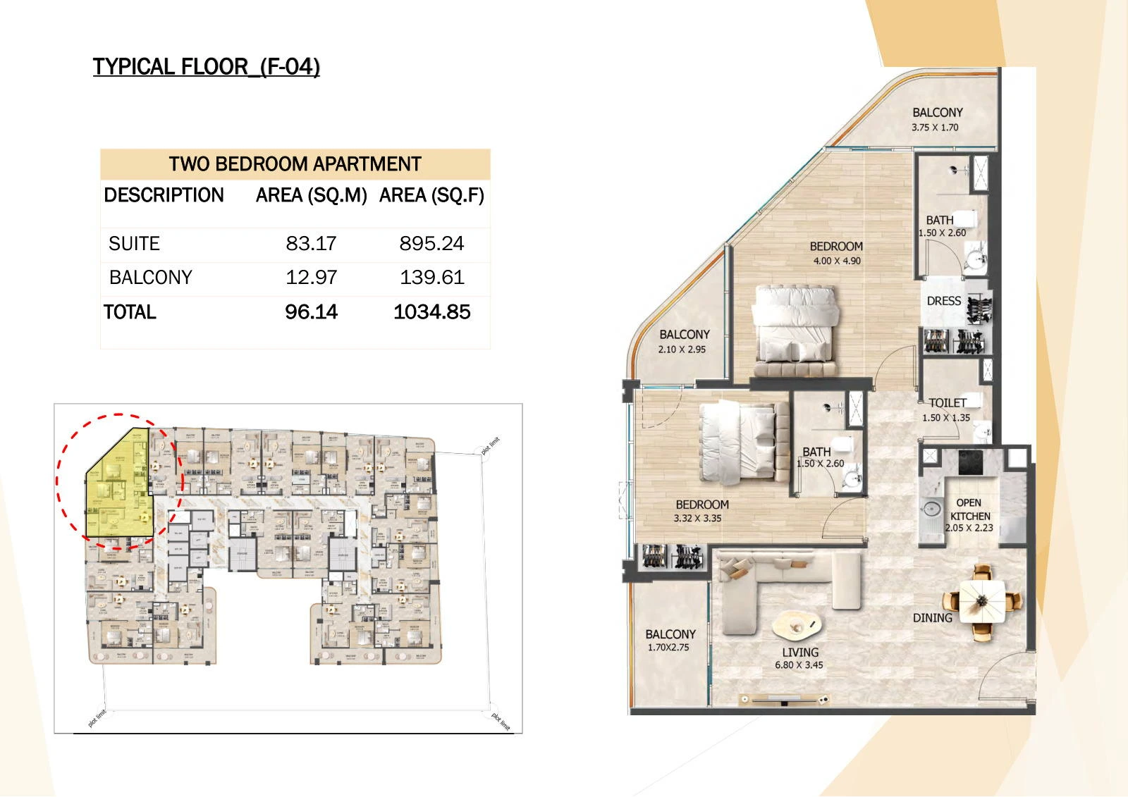 Crystal Tower 2-bedroom F-04 apartment floor plan, Typical Floors 2-7, 1,034.85 sq ft.
