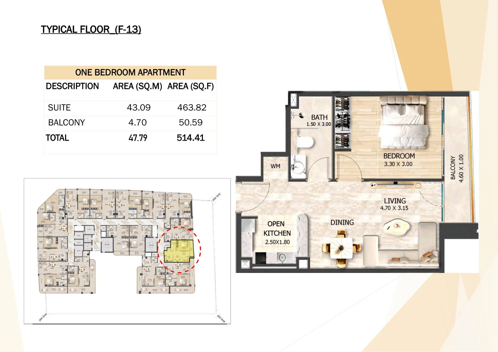 Crystal Tower 1-bedroom F-13 apartment floor plan, Typical Floors 2-7, 514.41 sq ft.