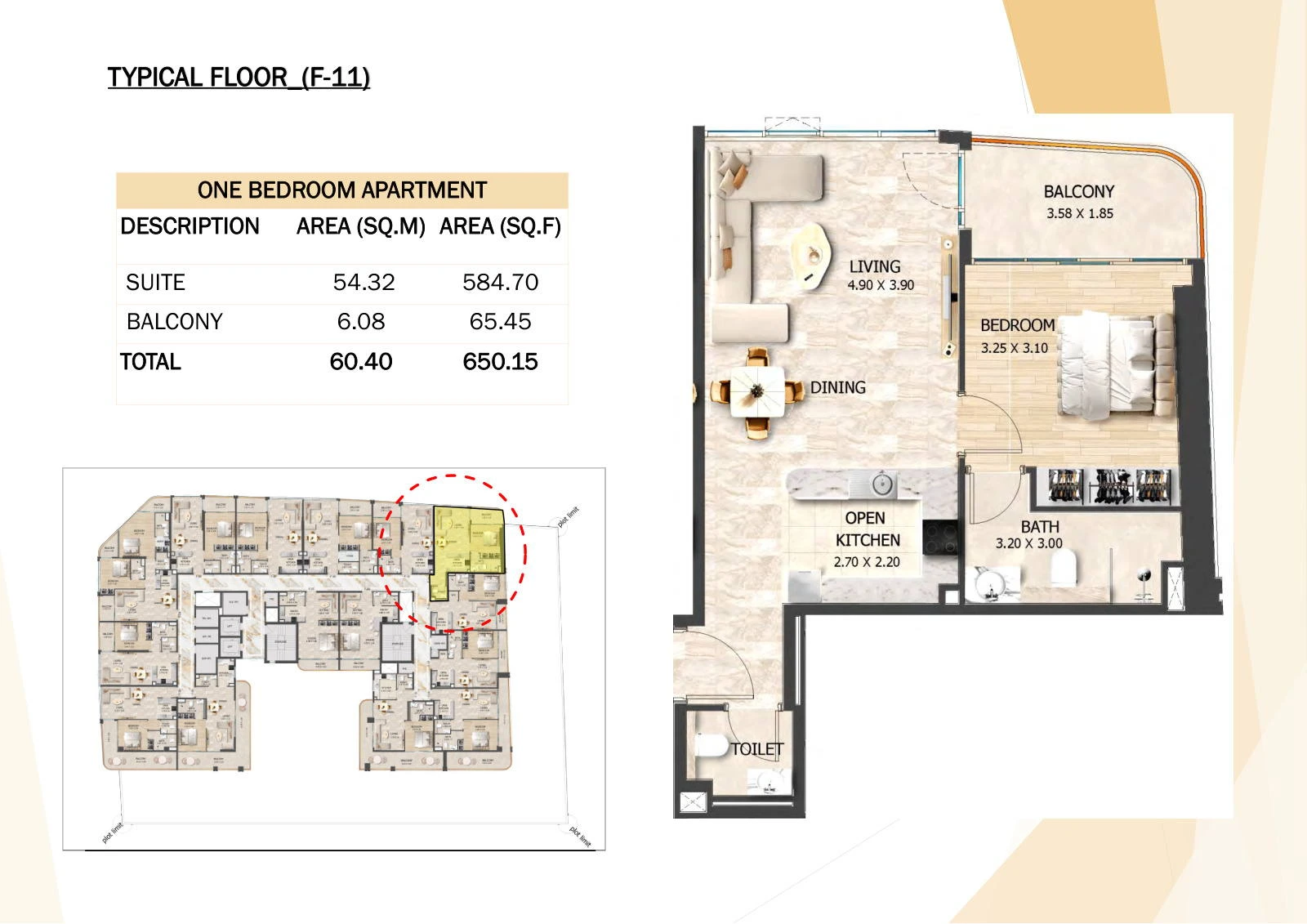 Crystal Tower 1-bedroom F-11 apartment floor plan, Typical Floors 2-7, 650.15 sq ft.
