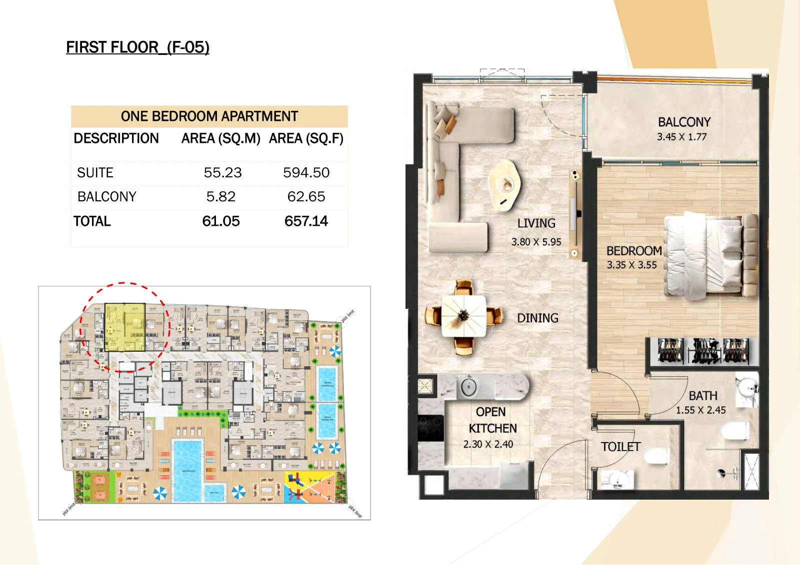Crystal Tower 1-bedroom F-05 apartment floor plan, First Floor, 657.14 sq ft.