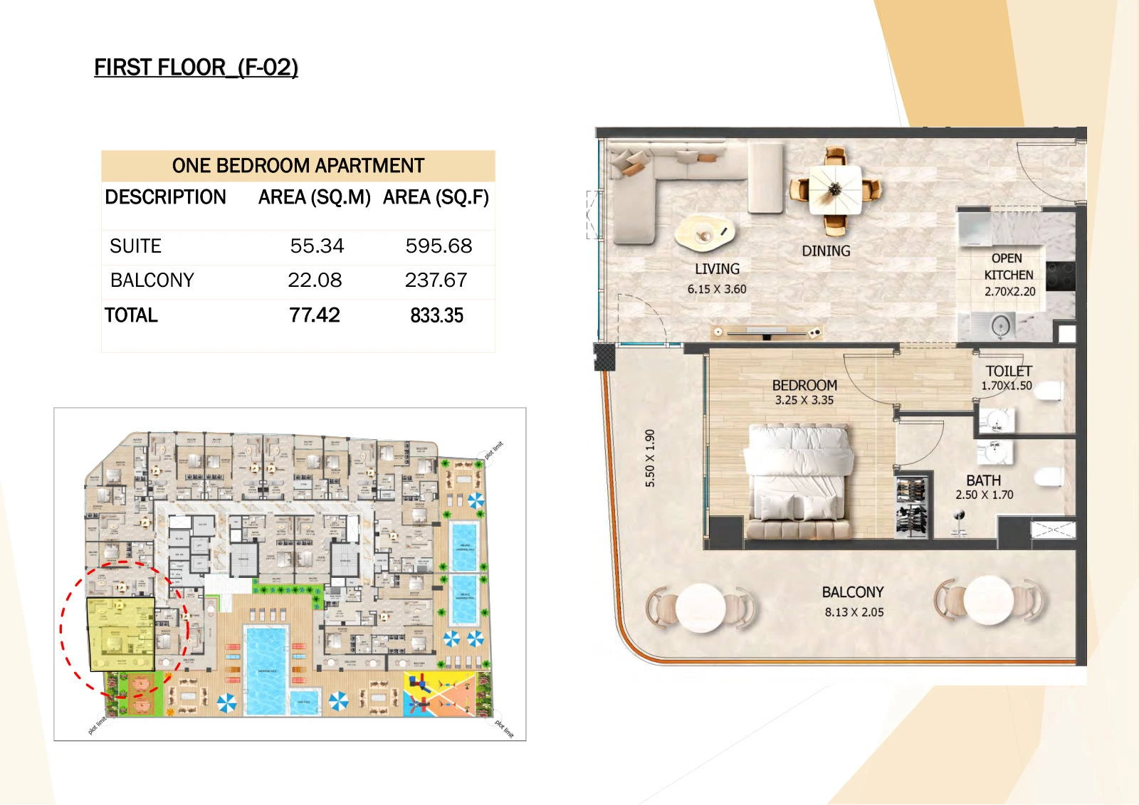 Crystal Tower 1-bedroom F-02 apartment floor plan, First Floor, 833.35 sq ft.