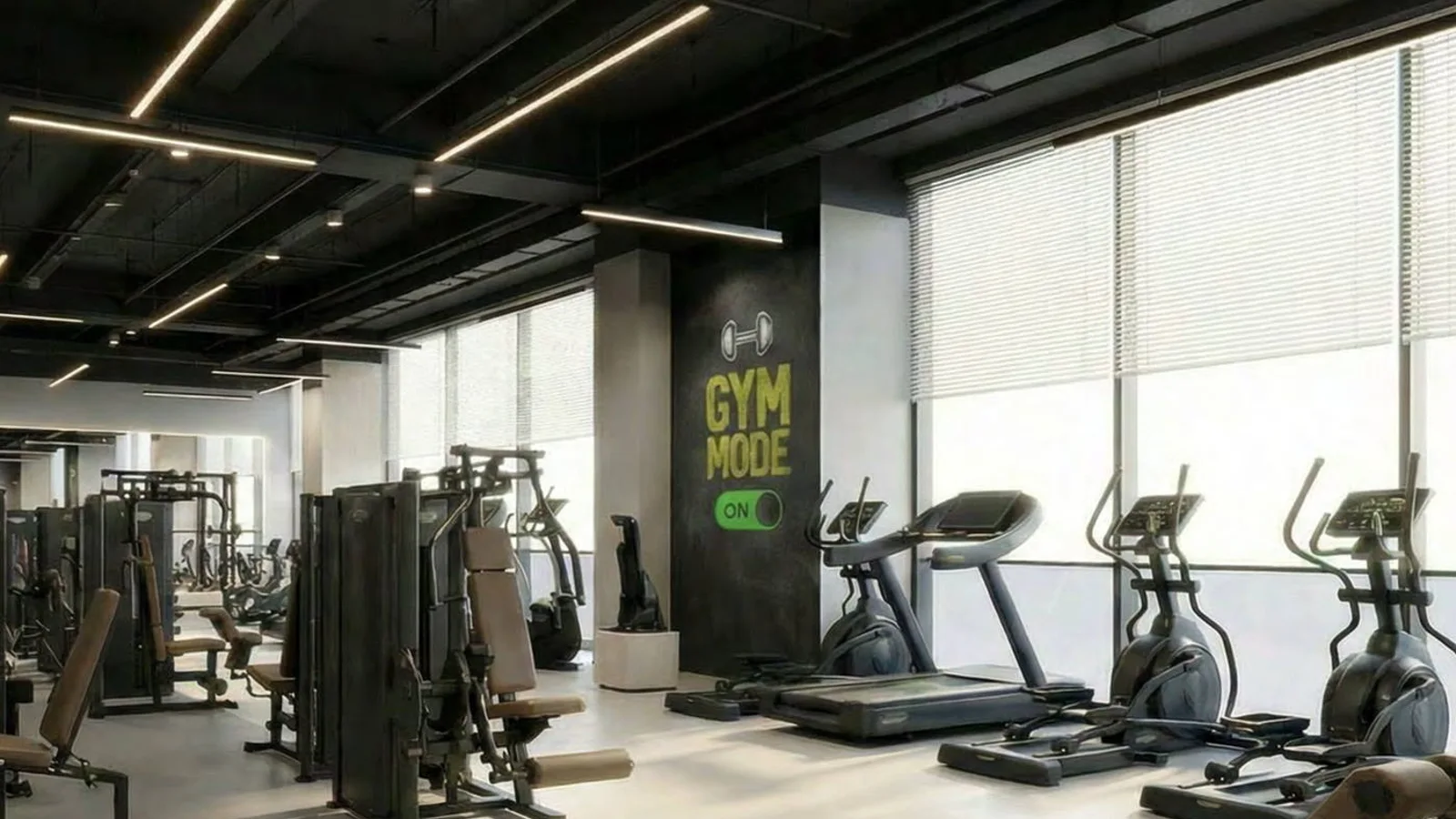 Crystal Tower gym with exercise machines and full-height windows.