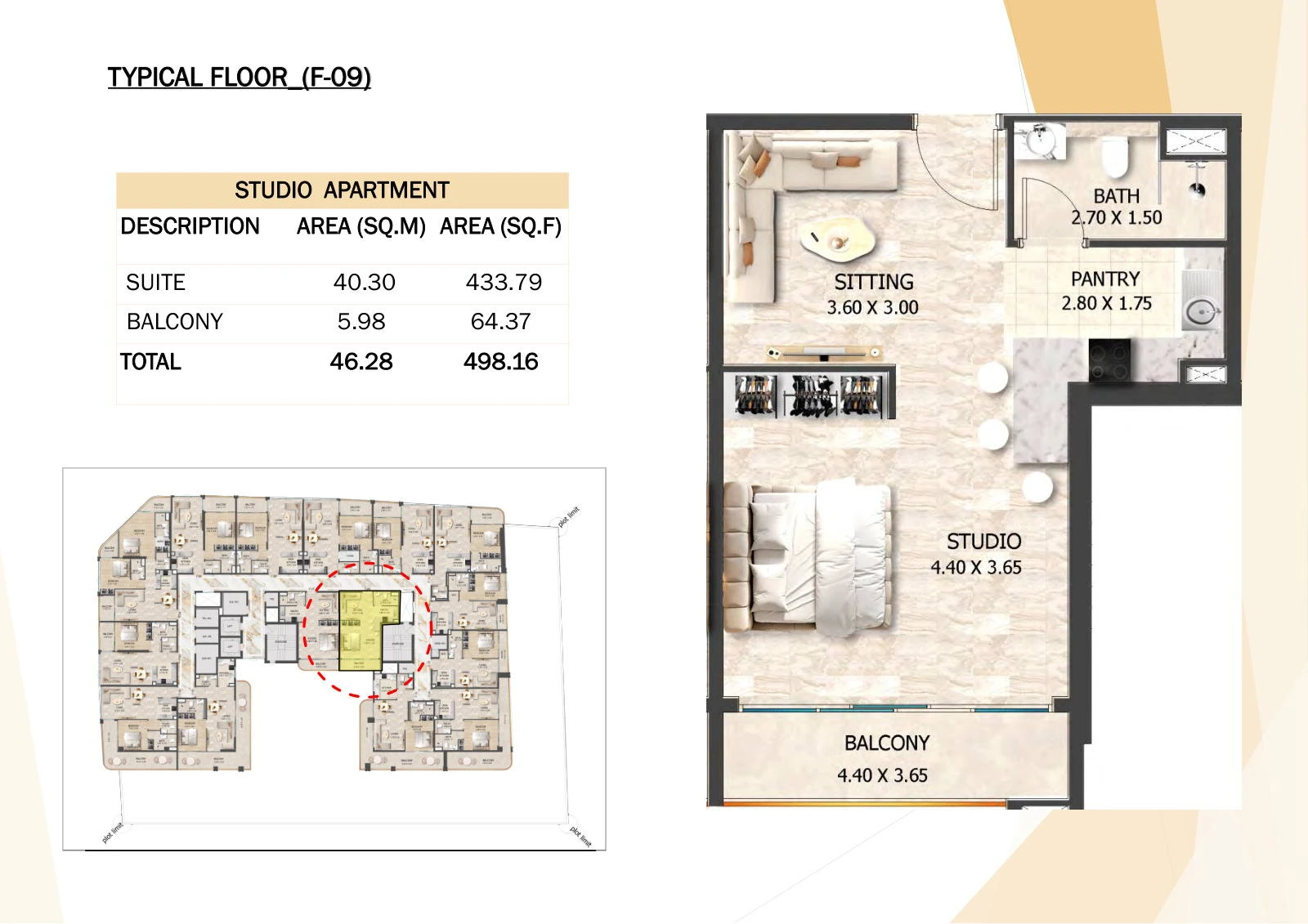 Crystal Tower studio F-09 apartment floor plan, Typical Floors 2-7, 498.16 sq ft.