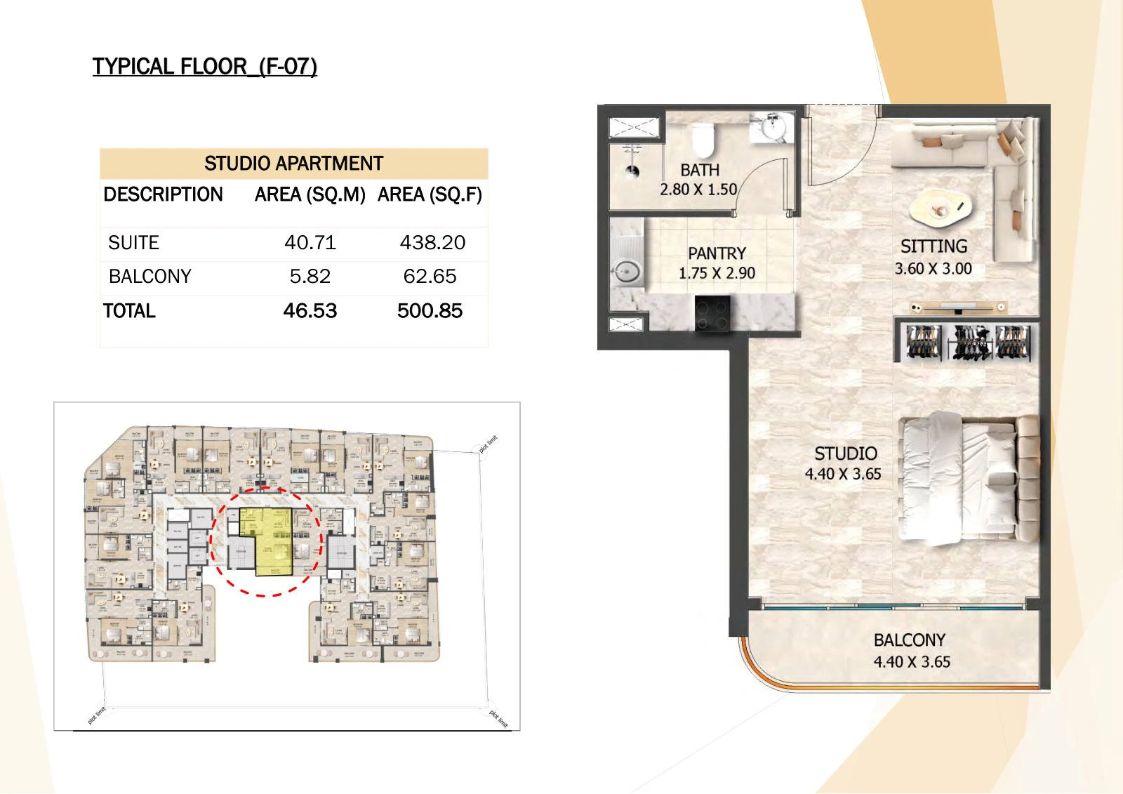 Crystal Tower studio F-07 apartment floor plan, Typical Floors 2-7, 500.85 sq ft.