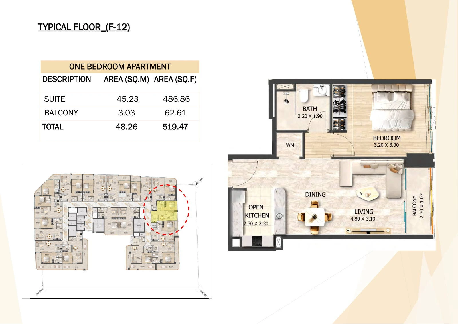 Crystal Tower 1-bedroom F-12 apartment floor plan, Typical Floors 2-7, 519.47 sq ft.