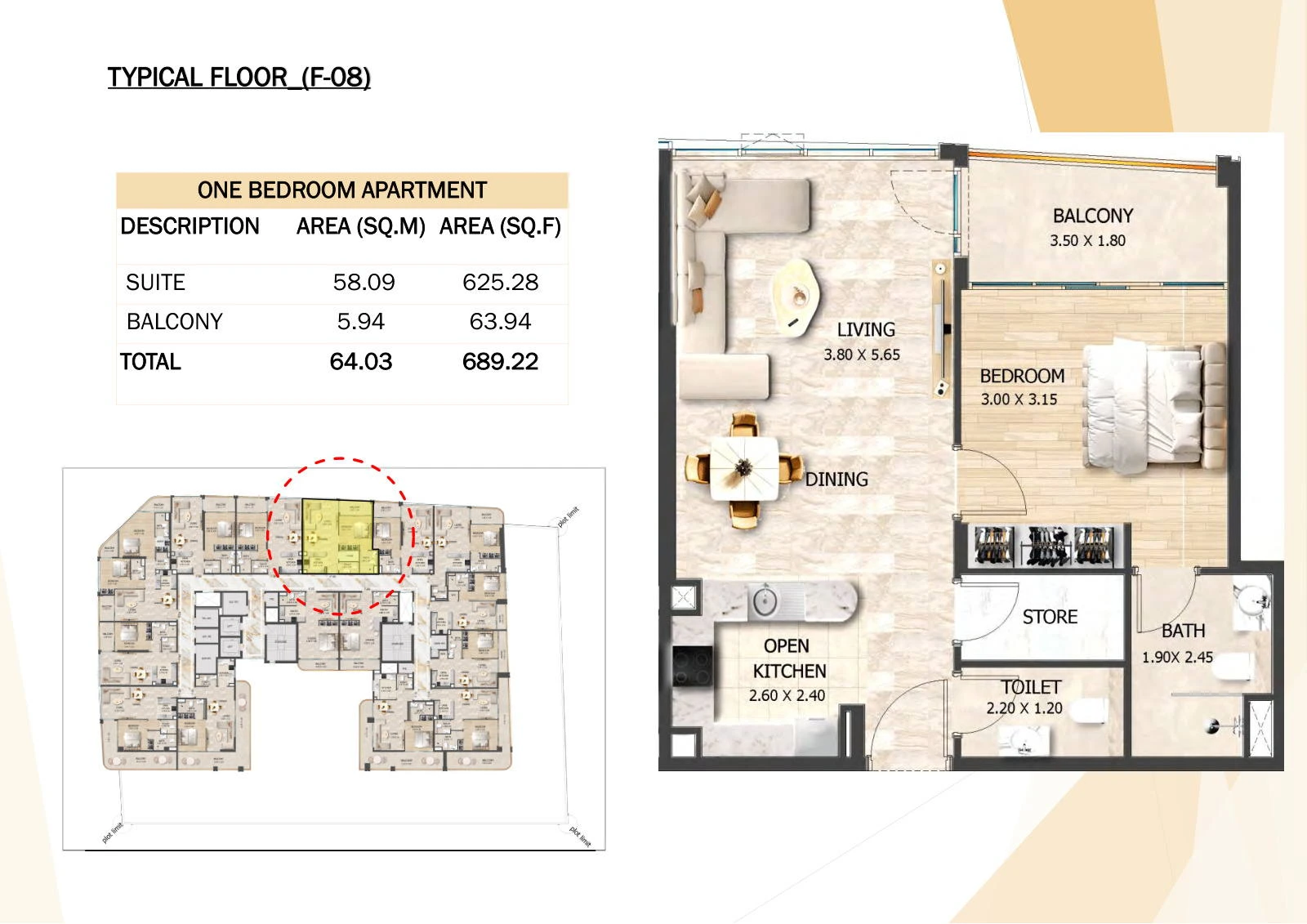 Crystal Tower 1-bedroom F-08 apartment floor plan, Typical Floors 2-7, 689.22 sq ft.
