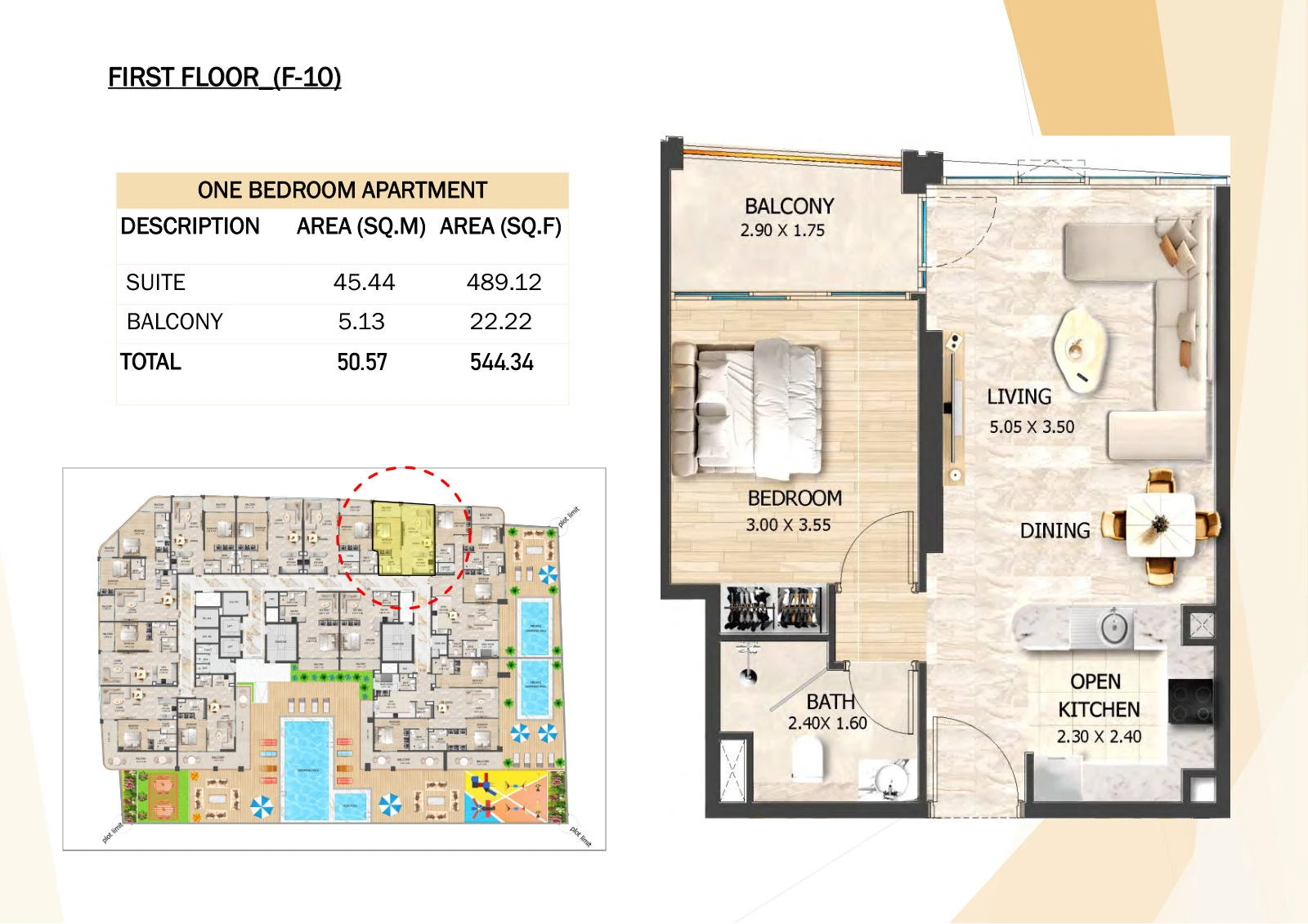 Crystal Tower 1-bedroom F-10 apartment floor plan, First Floor, 544.34 sq ft.