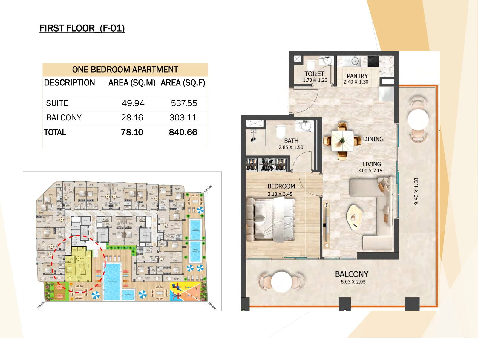 Crystal Tower 1-bedroom F-01 First Floor apartment floor plan, First Floor, 840.66 sq ft.